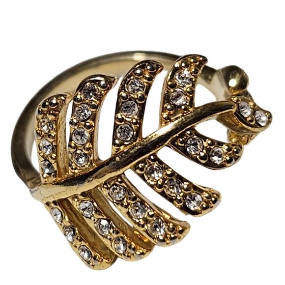 Elegant Gold Tone Leaf Rhinestone Wrap Ring Womens Size 7 1/4 Fashion Jewelry - Picture 1 of 4
